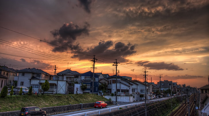 Sunset, Okazaki, Aichi Prefecture, Japan, white and gray house, HD wallpaper