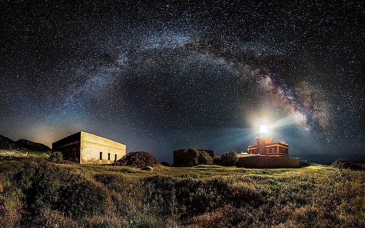 milky way, nature, landscape, lighthouse, starry night, space, HD wallpaper