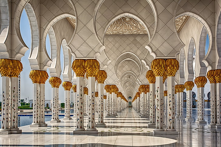white concrete columns, pool, architecture, UAE, Abu Dhabi, the Sheikh Zayed Grand mosque, HD wallpaper