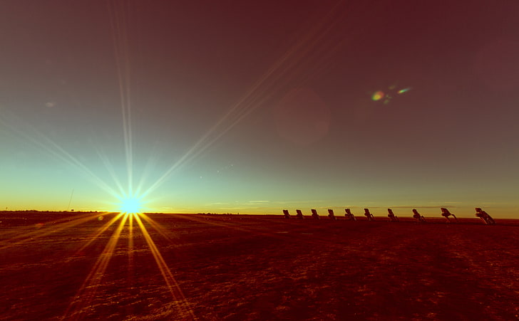 Cadillac Ranch, brown dirt, Nature, Sun and Sky, Sunrise, Landscape, HD wallpaper