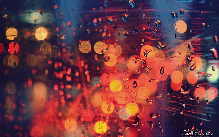 orange bokeh lights, bokeh photography, water on glass, water drops, HD wallpaper