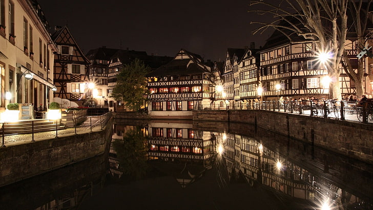 river between of commercial buildings, cityscape, lights, Strasbourg