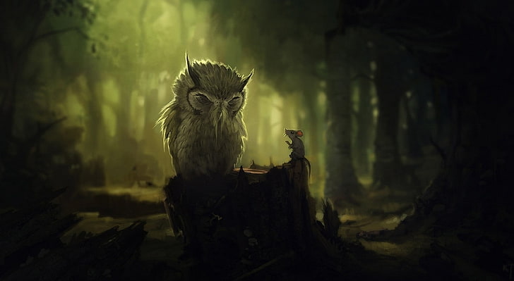 The Wise Owl, gray owl and rat illustration, Artistic, Fantasy