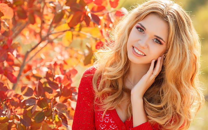 Autumn, blonde girl, smile, red dress, leaves, HD wallpaper