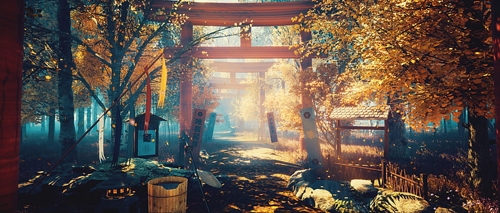 red wooden shrine entrance, autumn, flowers, nature, torii, plant, HD wallpaper