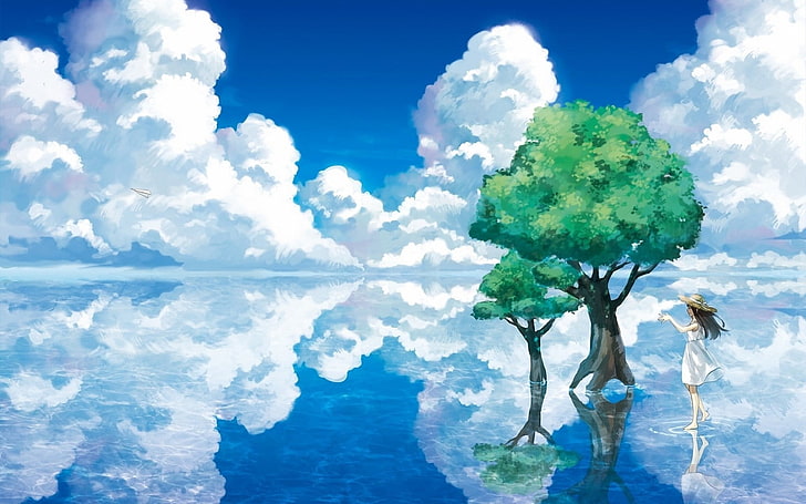 anime, clouds, sea, trees, paperplanes, sky, cloud - sky, beauty in nature, HD wallpaper