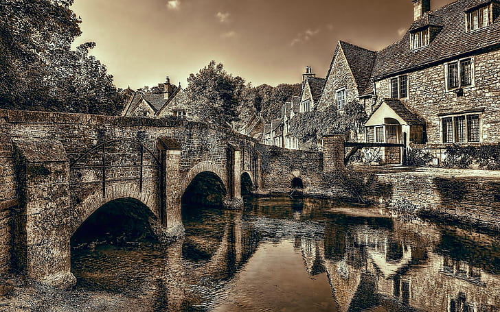 Castle Combe, Wiltshire, England, bridge, river, dusk, HD wallpaper