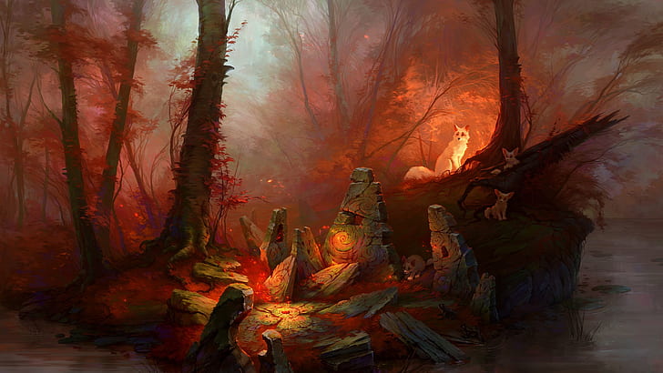 Fall, forest, Fox, frog, Magic, Waystone, HD wallpaper