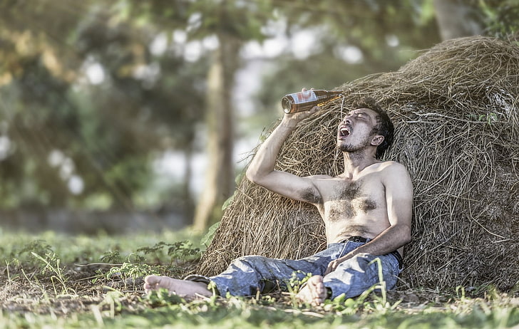 men, drunk, plant, land, field, grass, nature, real people