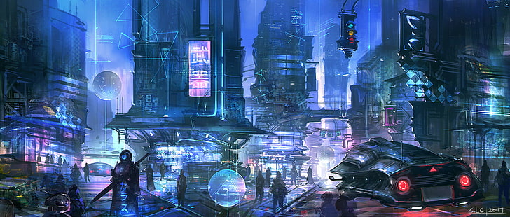 science fiction, cyberpunk, digital art, city, night, building exterior