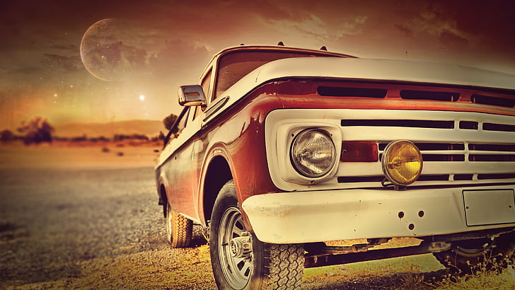 red and white vehicle, landscape, closeup, mode of transportation