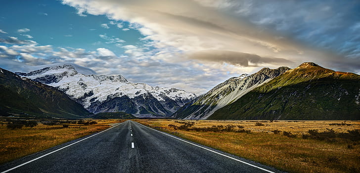 concrete road near mountain at daytime, Cinematic, Country, Mount Cook