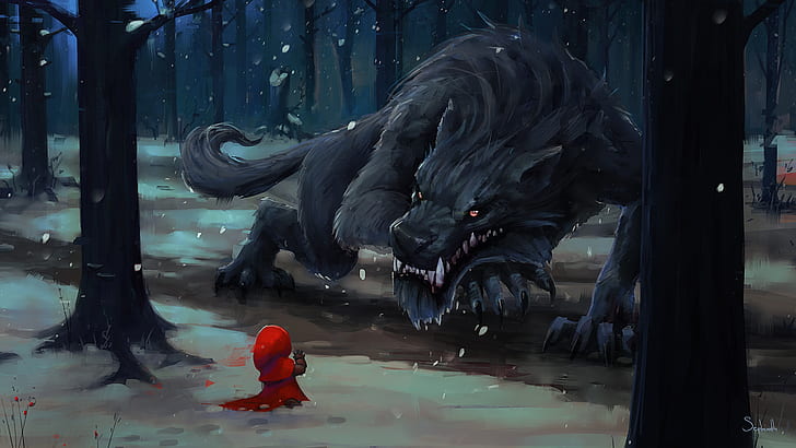 Sephiroth, snow, trees, wolf, spooky, digital art, Little Red Riding Hood
