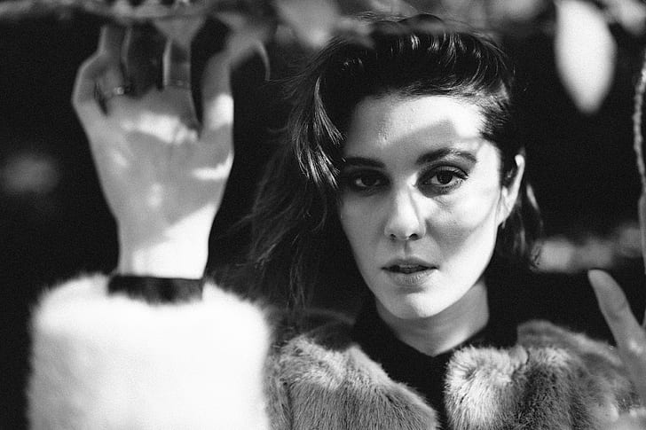 monochrome, looking at viewer, celebrity, Mary Elizabeth Winstead