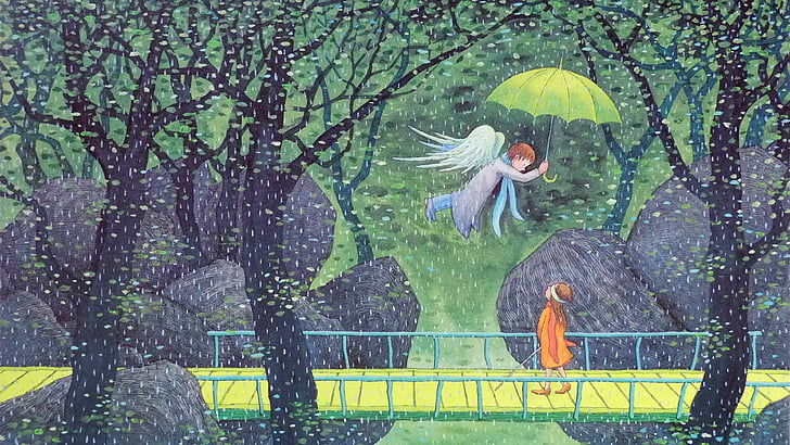 cartoon, angel, umbrella, rain, tale, fairytale art, tree, artwork, HD wallpaper