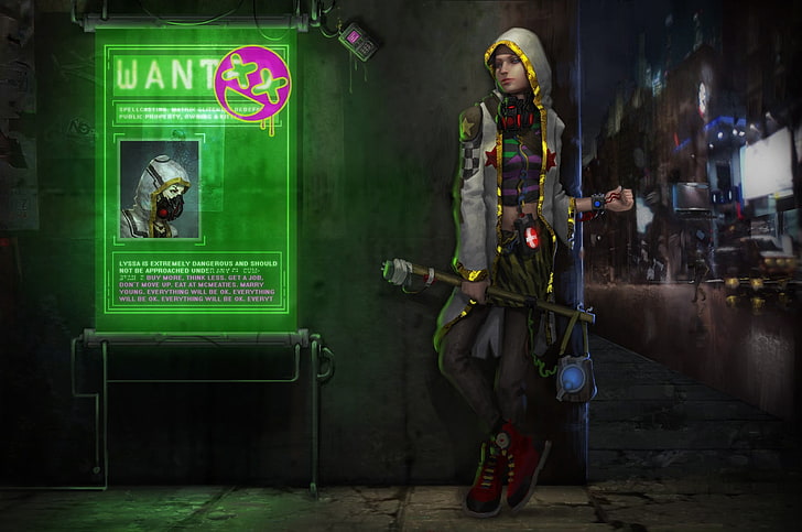 female character in gray cloak digital wallpaper, cyberpunk, women
