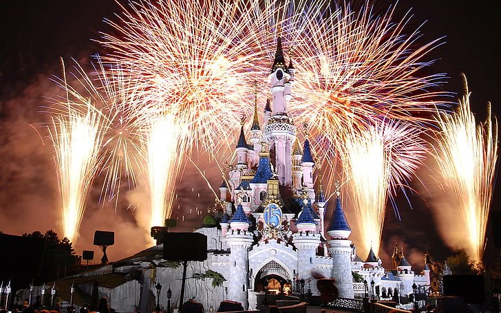 Disney Castle with fireworks wallpaper, France, Paris, Night, HD wallpaper