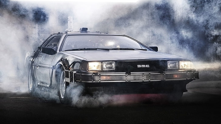 black DMC coupe wallpaper, Back to the Future, DeLorean, artwork, HD wallpaper