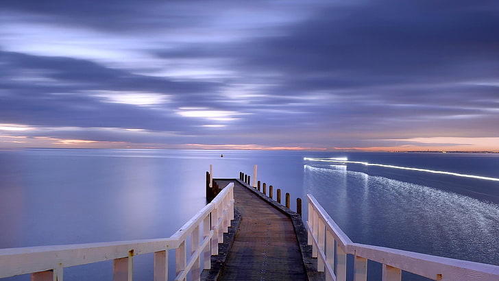 white and brown wooden sea dock, sunset, pier, sky, water, cloud - sky