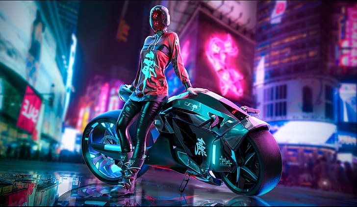 cyberpunk, Cyberpunk 2077, women, standing, bikes, futuristic city