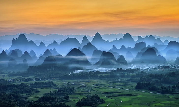 nature, landscape, mist, mountains, field, morning, China, trees