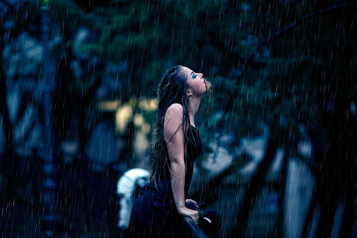 women's black tank dress, model, wet body, rain, hair, young adult, HD wallpaper