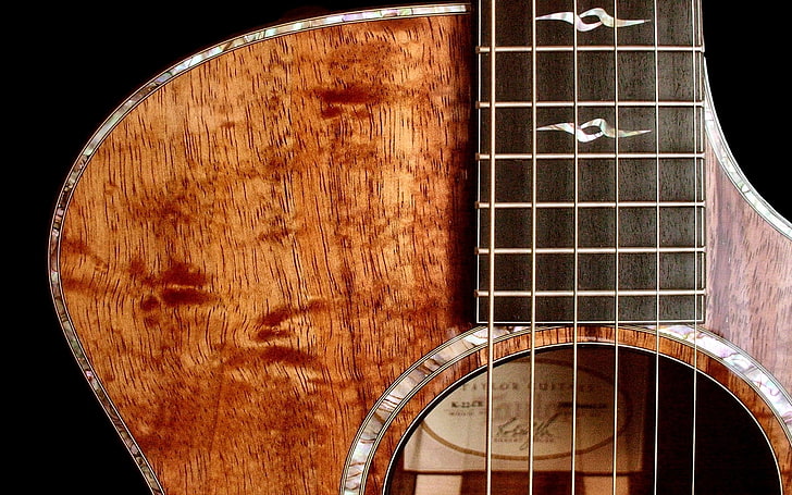 brown acoustic guitar, wood, strings, background, light, music