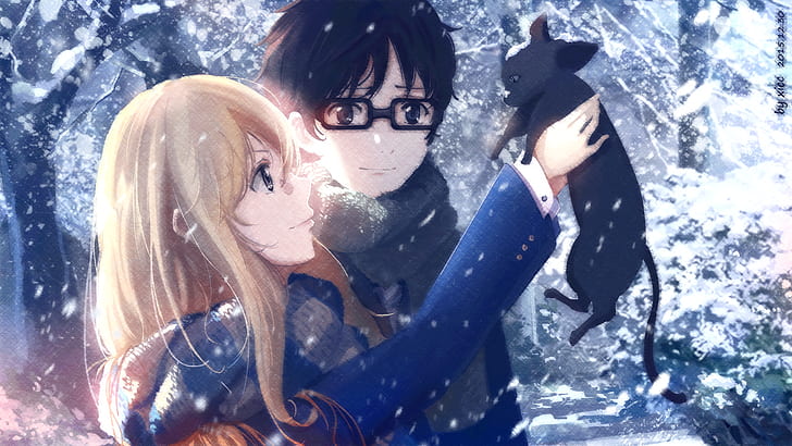 anime, winter, cat, Shigatsu wa Kimi no Uso, HD wallpaper
