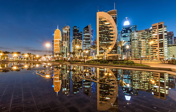 reflection, building, night city, skyscrapers, Qatar, Doha
