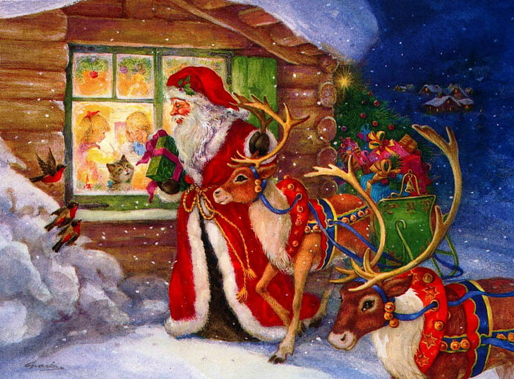 santa claus, reindeer, window, kids, gifts, holiday, christmas, birds, HD wallpaper