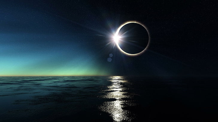 atmosphere, eclipse, moonlight, sky, sea, phenomenon, horizon, HD wallpaper