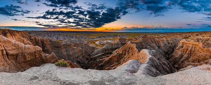 sunrise, rocks, dawn, panorama, Badlands National Park, South Dakota, HD wallpaper