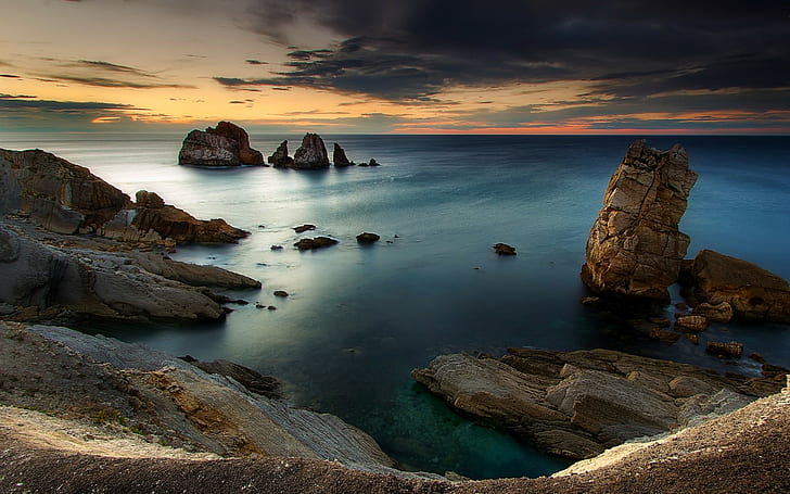 Landscape, Sunset, Sea, Coast, Rock, Sky, Water, Spain, Nature, HD wallpaper