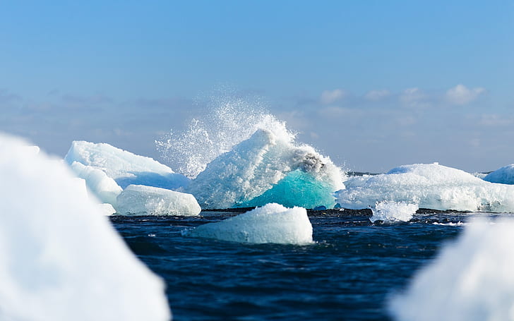 iceberg, sky, water, wave, cold, blue, ocean, splash, antarctica, HD wallpaper