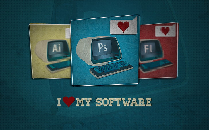 photoshop, keyboard, monitor, the program, i love my software
