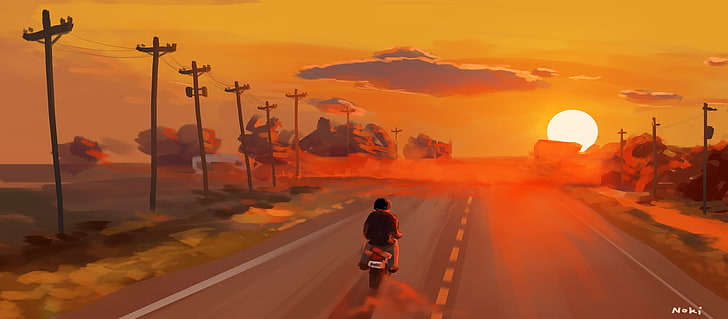 person riding motorcycle on road anime wallpaper, sunset, illustration