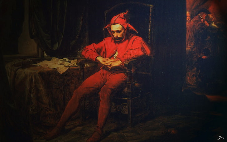 men's red jester costume, Stańczyk, digital art, Joker, sitting, HD wallpaper