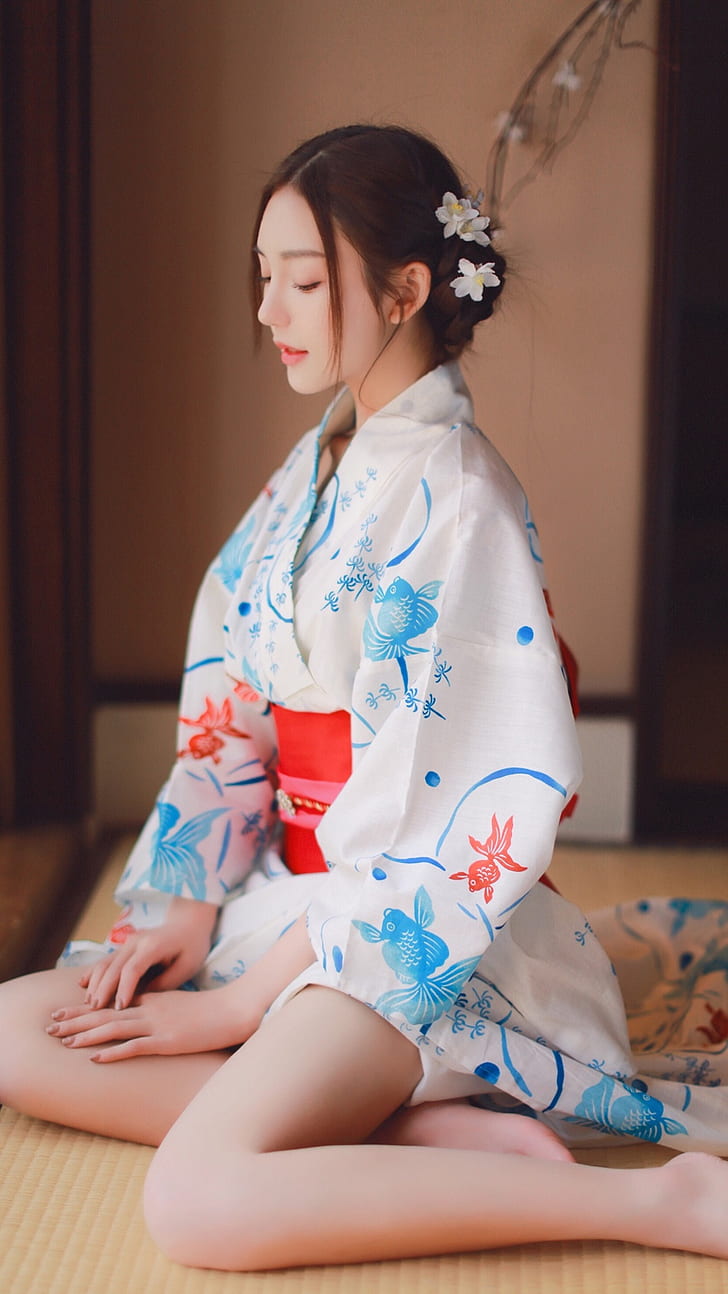 women, brunette, Asian, kimono, HD wallpaper