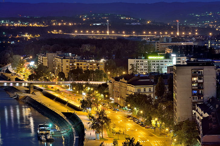 Home, Road, Night, Street, Serbia, River, Novi Sad, Street lights, HD wallpaper