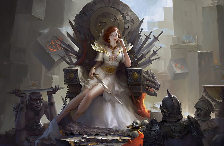 woman wearing white dress wallpaper, throne, sword, women, redhead