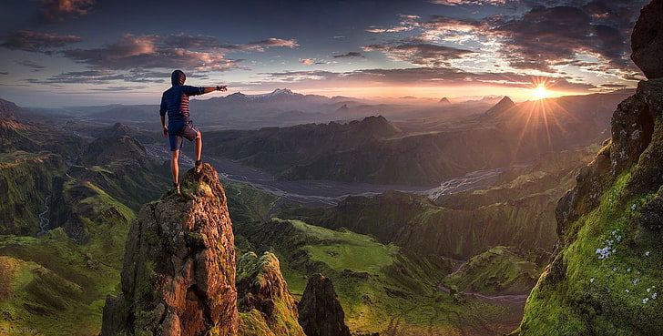gray shorts, mountains, Iceland, valley, grass, clouds, river