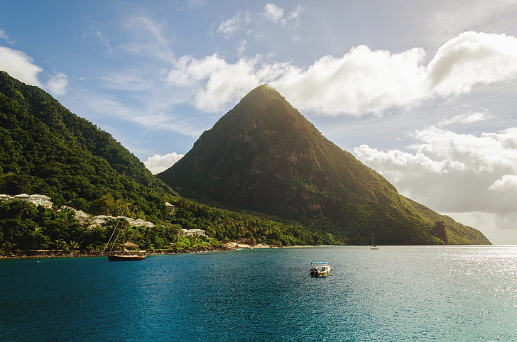 body of water beside mountain, nature, mountains, sea, boat, island