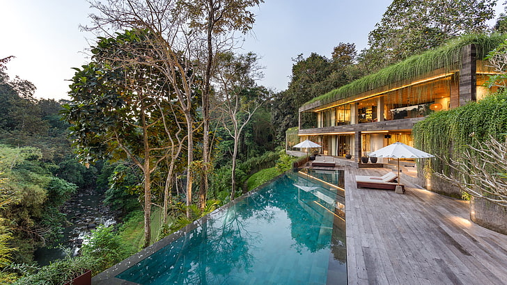 architecture, swimming pool, house, Indonesia, trees, reflection