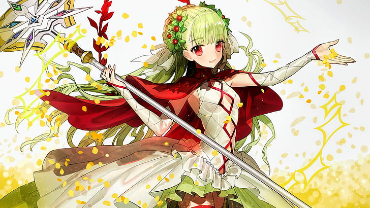 White Mage, Chain Chronicle, anime girls, green hair, red eyes