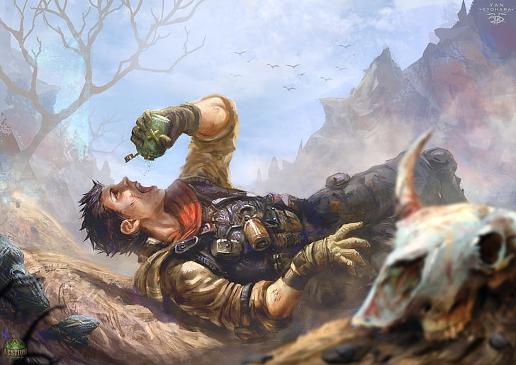 HD wallpaper: soldier, artwork, thirsty, lying down, skull, desert, fantasy  boy | Wallpaper Flare