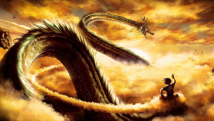 brown dragon illustration, Dragon Ball, anime boys, Shenron, sunset