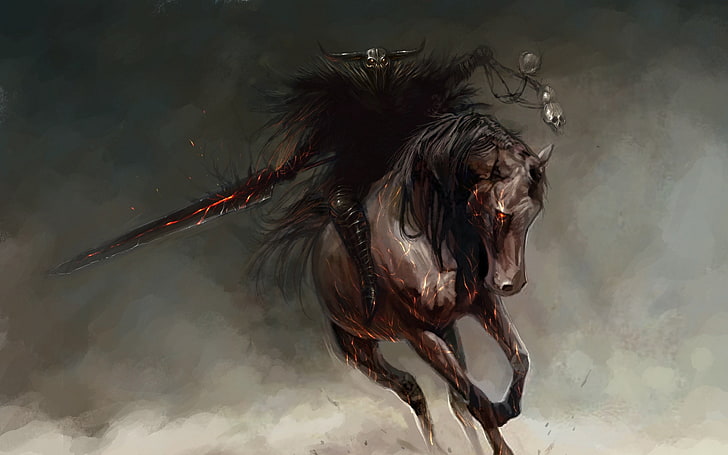 fantasy art, horse, sword, skull, warlocks, red eyes, horseman, HD wallpaper