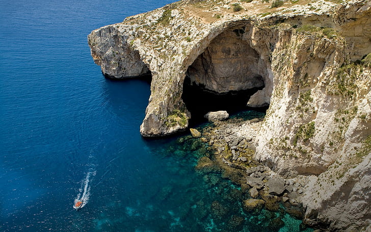 cliff, beach, landscape, island, water, sea, cave, boat, coast, HD wallpaper