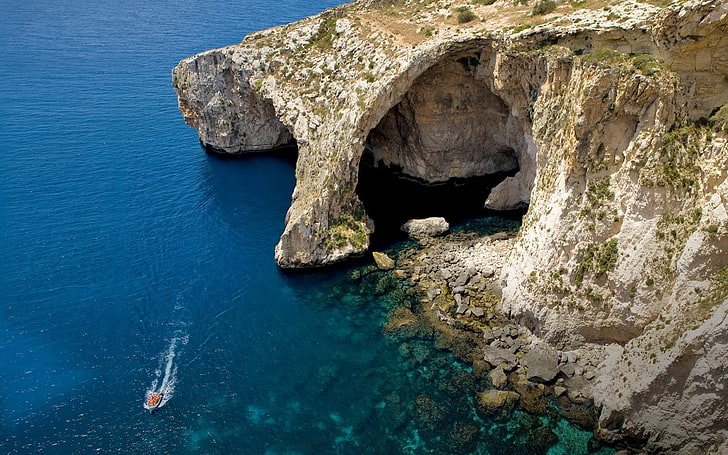 brown cliff, sea, cave, island, Malta, water, boat, blue, coast