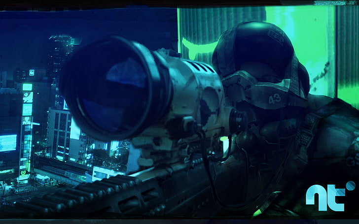neotokyo, sniper rifle, gun, futuristic, CGI, technology, one person